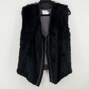Vince Black Sheared Rex Rabbit Fur Wool Knit Open Front Vest M Medium Luxe